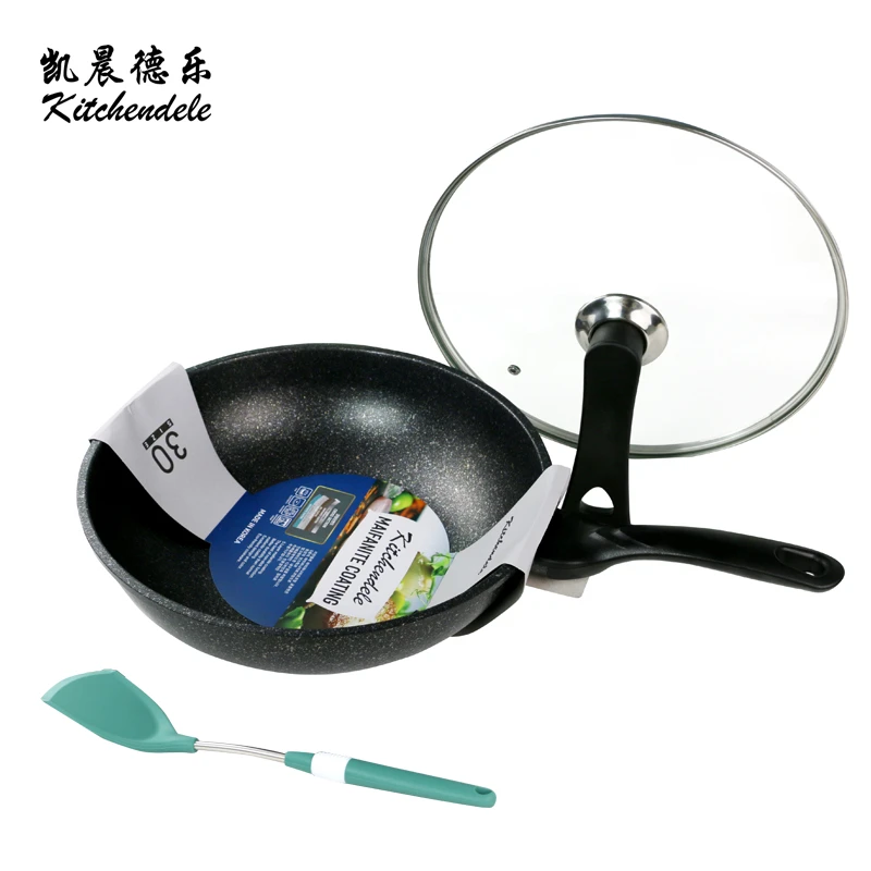 凯晨德乐韩国原装进口麦饭石不粘炒锅30cm明火单用盖子铲子