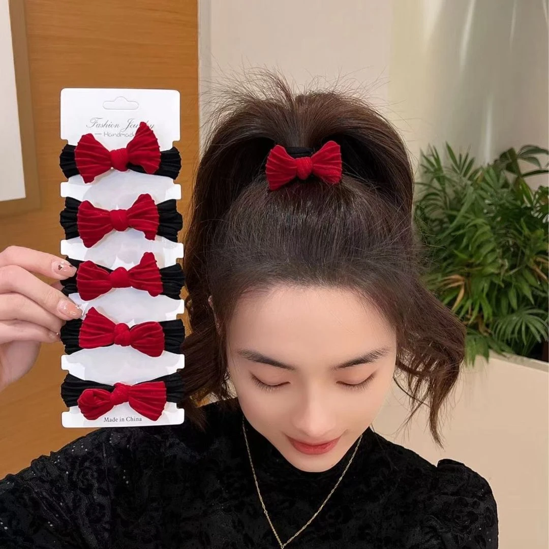 网红新年高品质蝴蝶结红色发绳秋冬加粗加厚高弹力发圈扎头发头绳