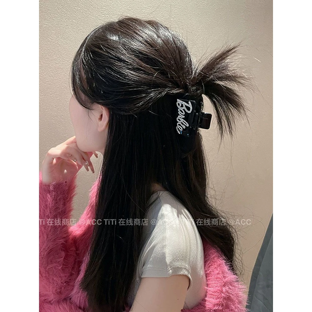铁合金皮质发饰 芭比风半扎系列~粉色字母黑色抓夹女半抓发鲨鱼夹