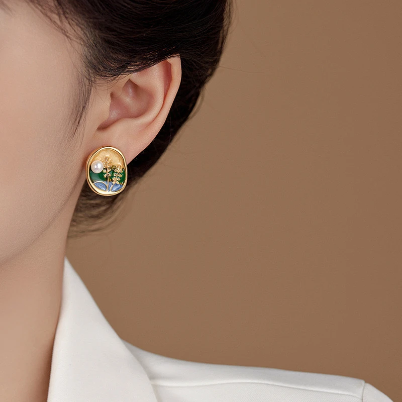 铜合金珐琅耳饰 优雅麦穗油画耳钉复古法式宫廷风小众高级轻奢