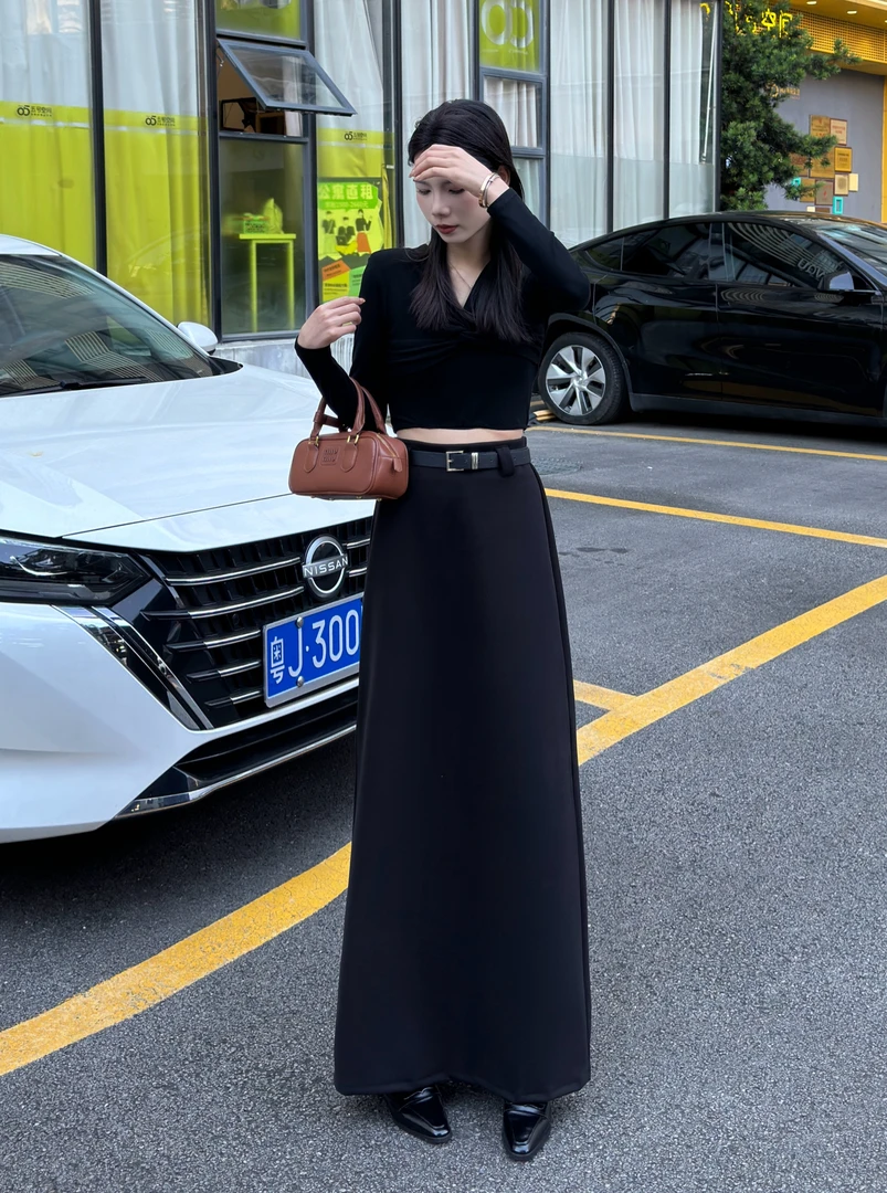 【大智】秋冬显瘦高腰小A字版后开叉加长毛尼半身裙+腰带