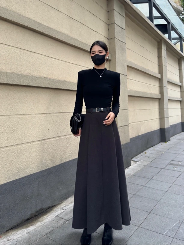 【大智】秋冬新款高腰显高显瘦小众设计大裙摆毛尼半身裙