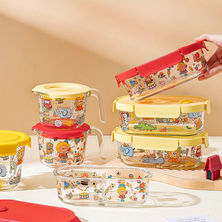 可爱玻璃保鲜盒饭盒耐高温家用带盖量杯子便携便当盒收纳