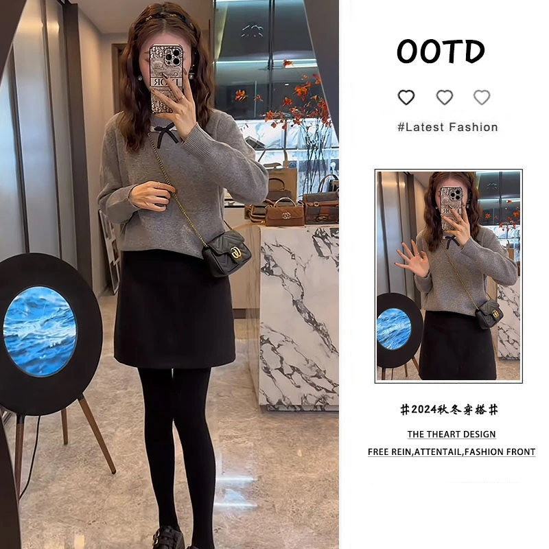 冬季穿搭一整套2024新款灰色蝴蝶结毛衣高腰显瘦百搭短裙两件套