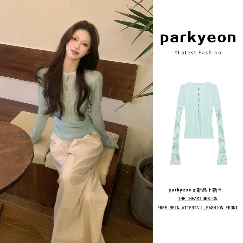 parkyeon甜酷辣妹镂空别致针织衫女秋2024新款内搭打底衫小众上衣