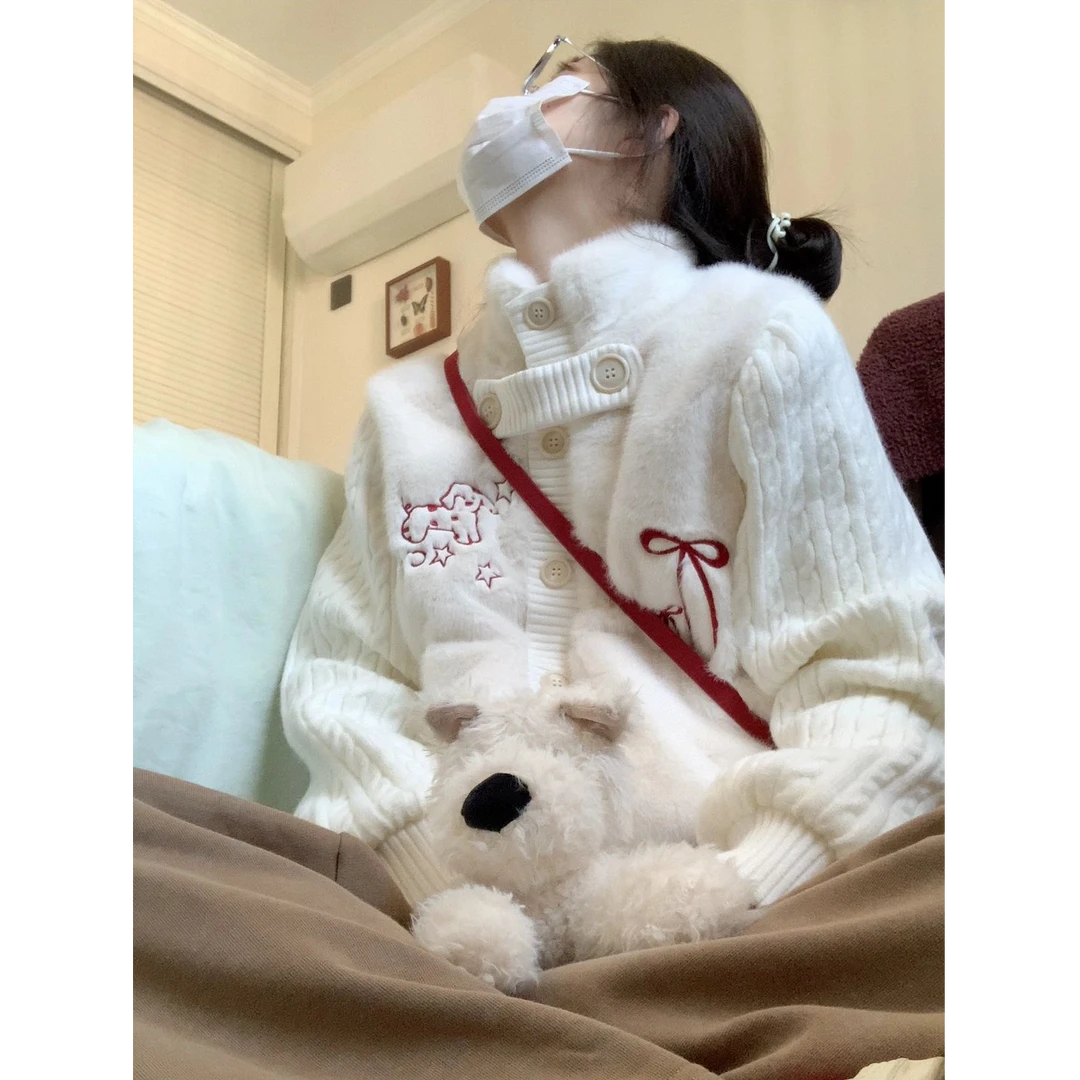 parkyeon米白色温柔风立领针织拼接外套女秋冬设计感加棉加厚上衣