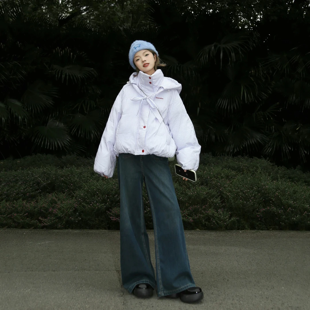 parkyeon韩系蓝粉条纹立领连帽棉服外套女秋冬宽松加厚短款面包服