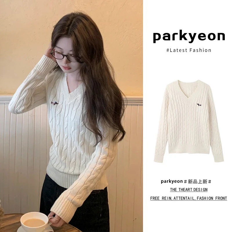 parkyeon法式V领麻花毛衣女秋冬季高级感设计小众内搭打底衫上衣