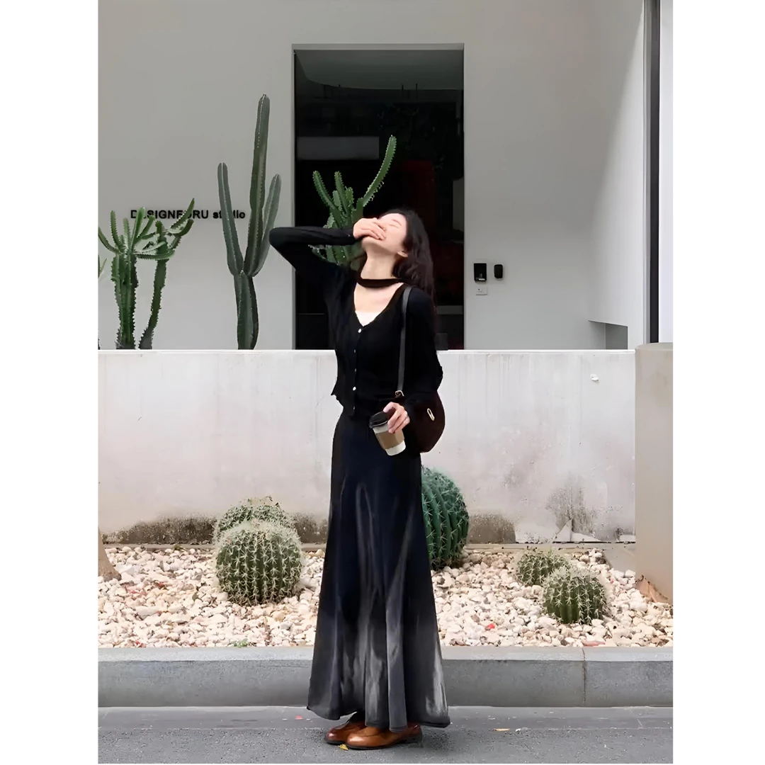 parkyeon初秋穿搭高级感套装黑色不规则线条针织开衫半身裙两件套