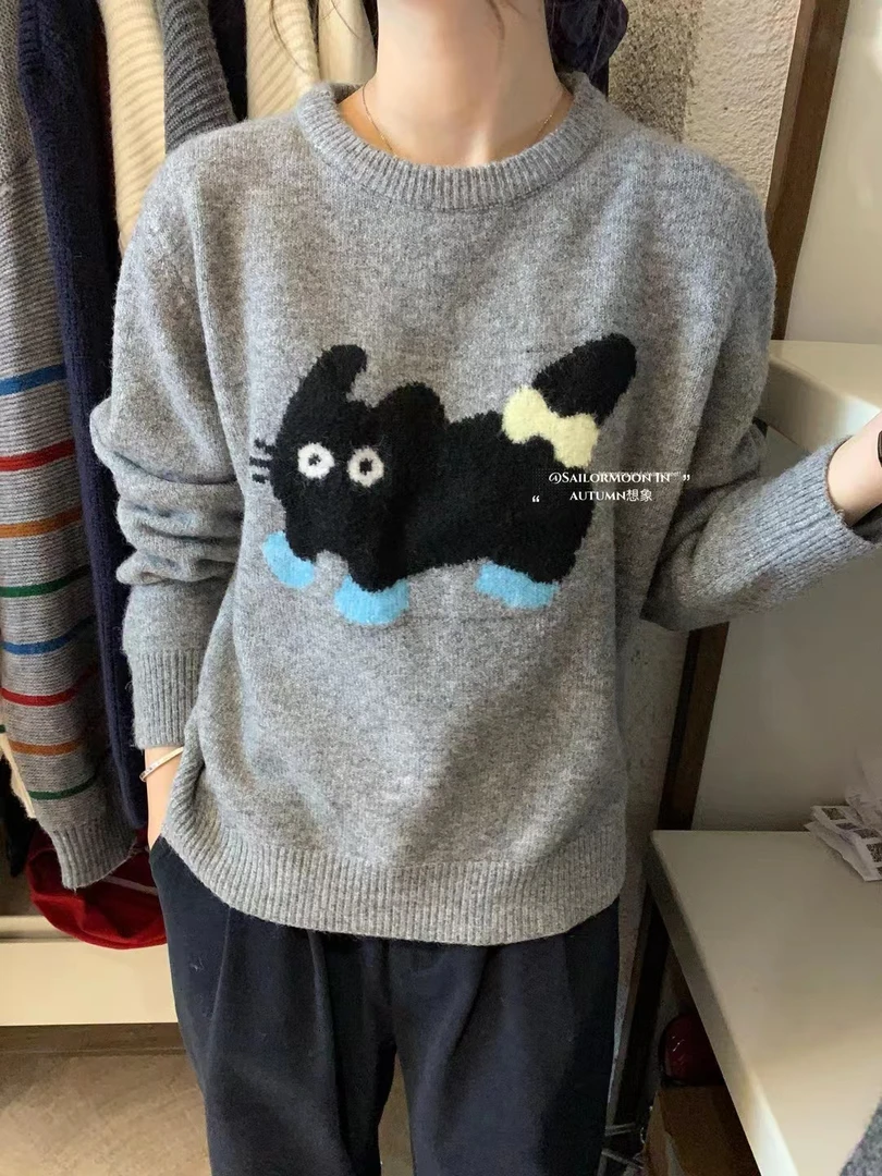 【丸子】▪卡通小猫毛衣秋冬新款圆领长袖针织衫可爱百搭