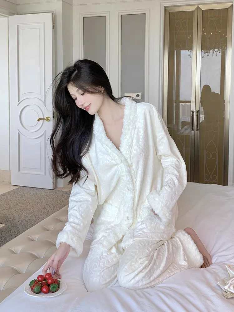 【初雪】轻奢小香风睡衣女秋冬双面海岛绒保暖家居服套装女