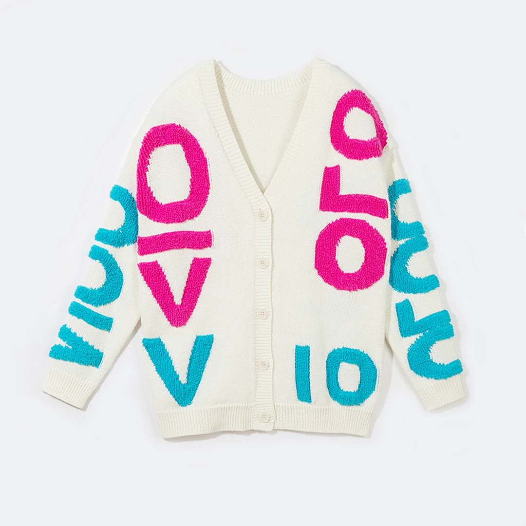 女装V领混纺字母撞色针织外套/18664