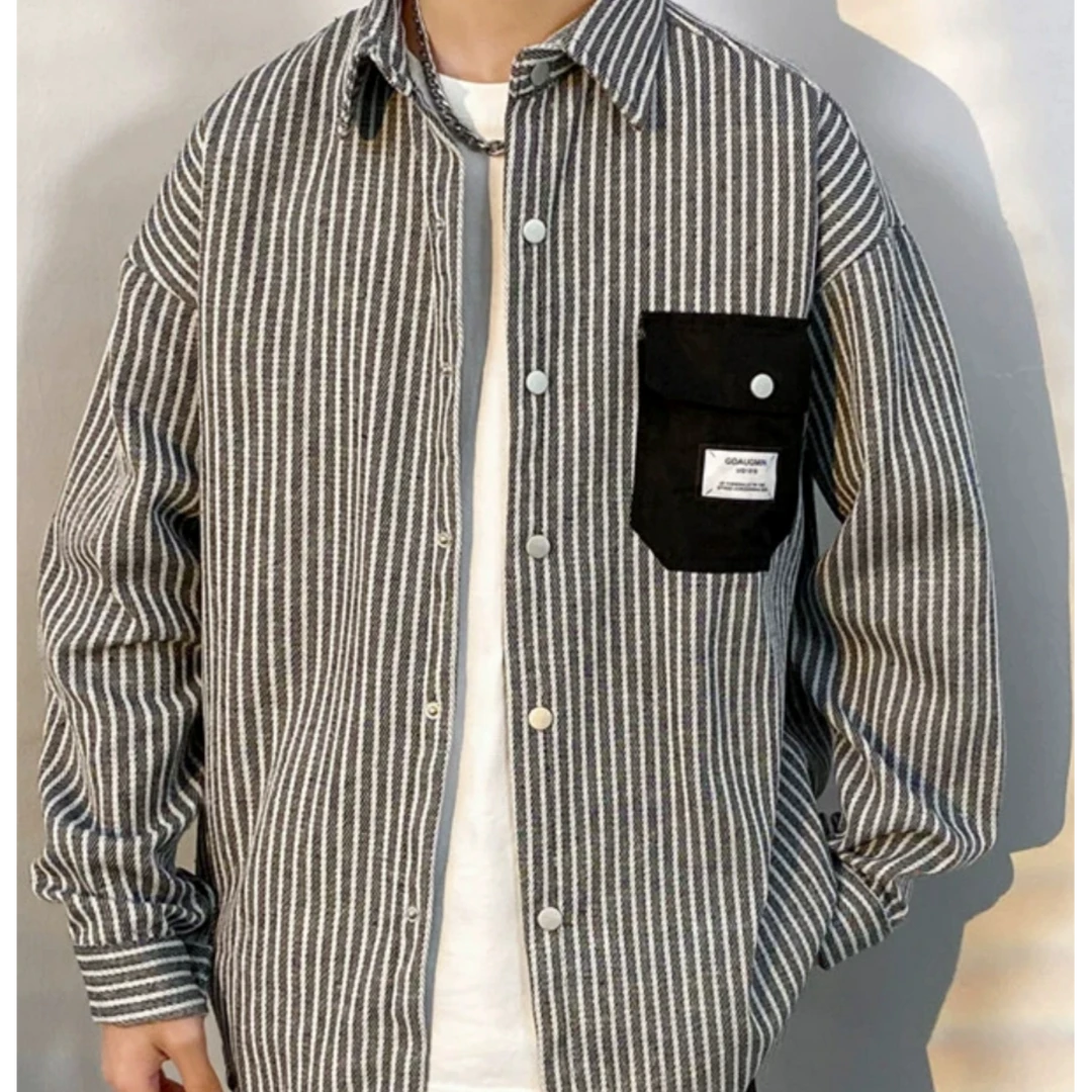 竖条纹长袖衬衫外套男士春秋薄款高级感痞帅宽松翻领夹克外衣潮流