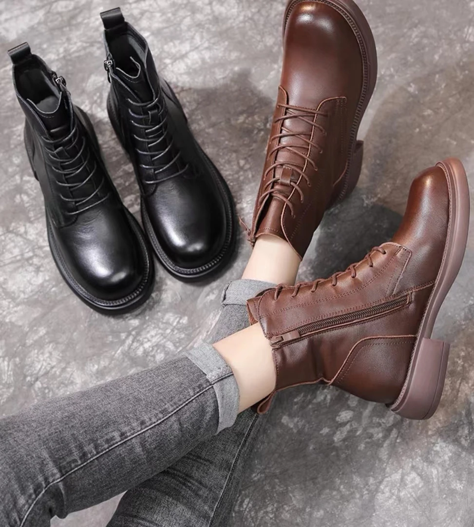 马丁靴女平底秋冬新款百搭加绒短靴英伦风时尚休闲真皮软底6078