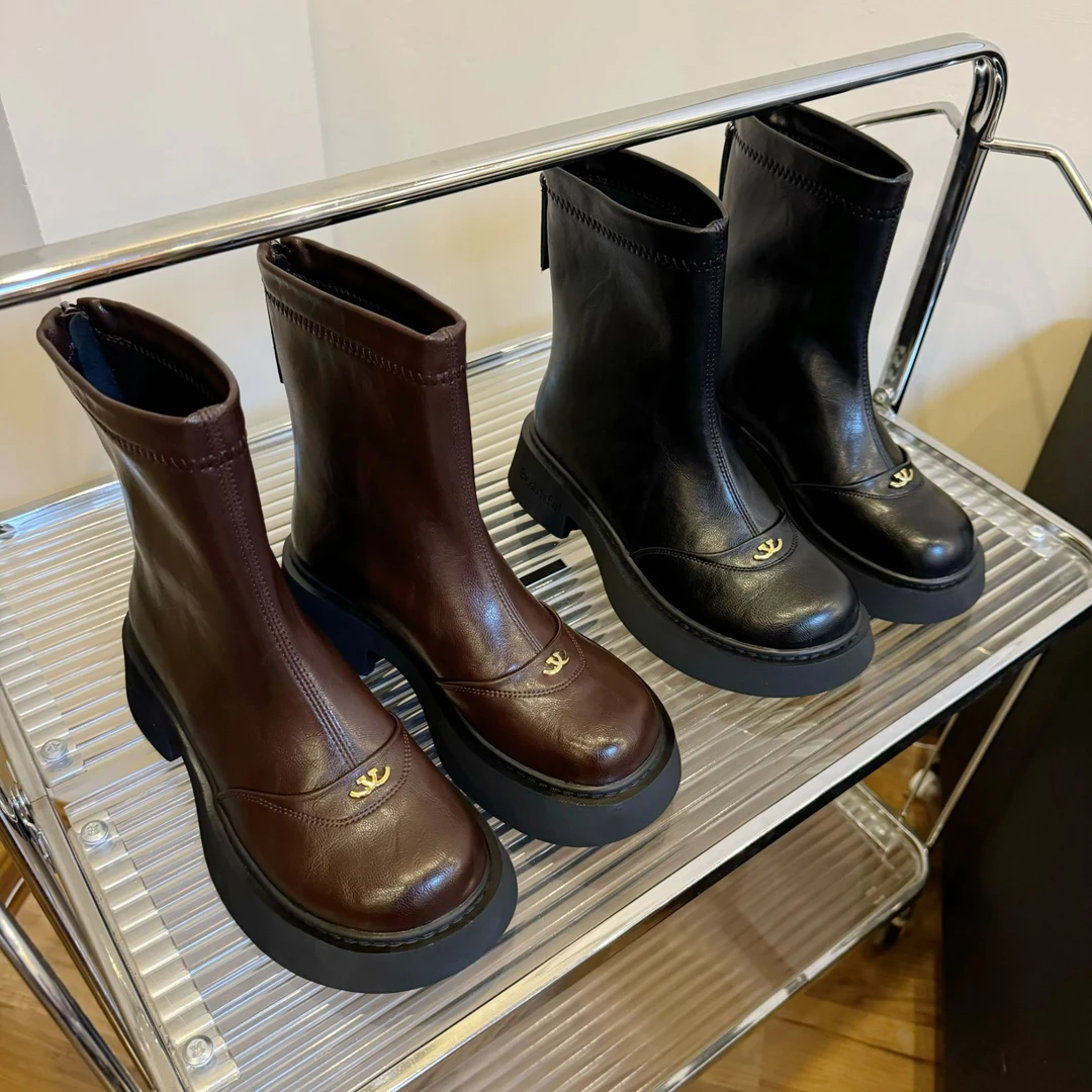 英伦爆款切尔西瘦瘦短靴新款圆头简约女款时尚百搭厚底英伦风6188