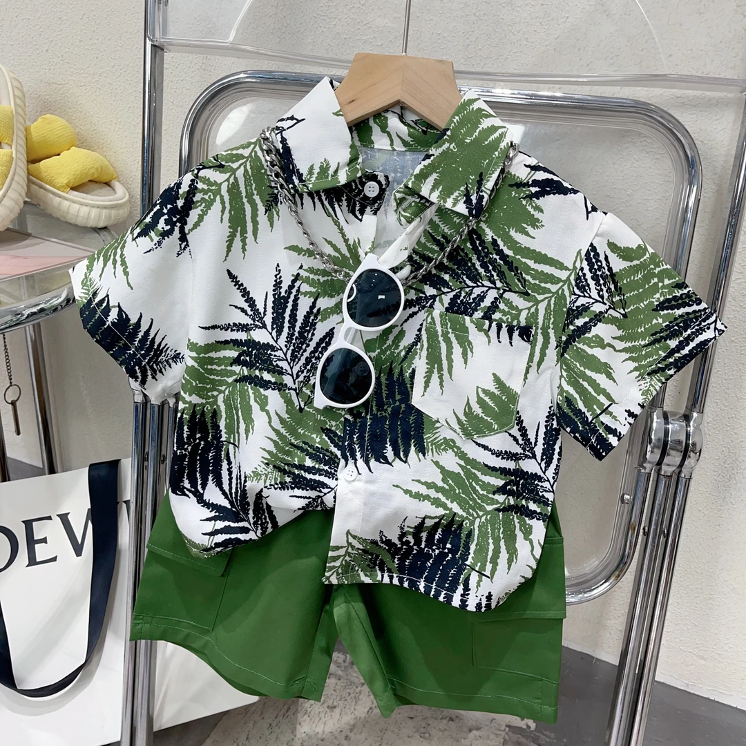 儿童度假风衬衫套装男童夏款帅气短袖衬衫短裤两件套薄款痞帅套装