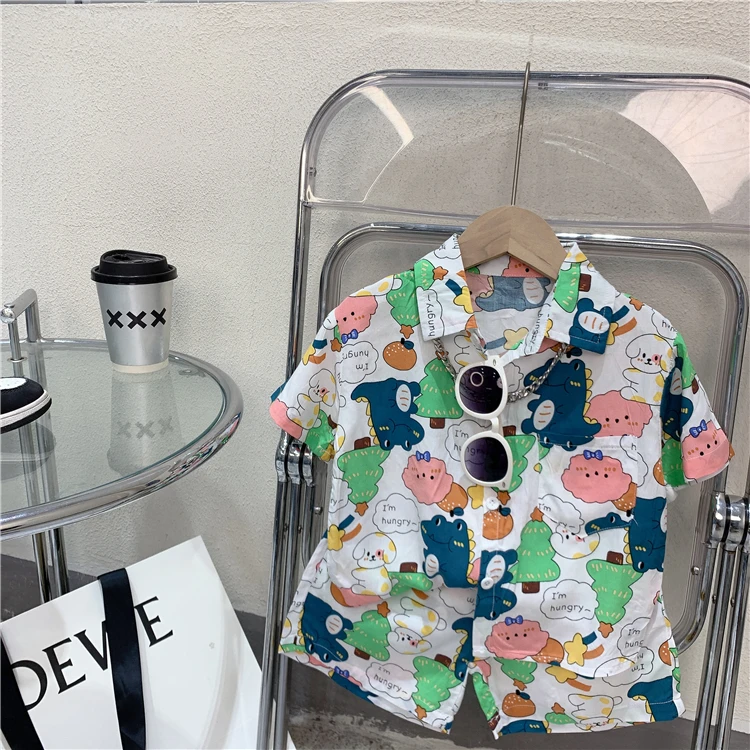 儿童夏款衬衫套装男童薄款绵绸短袖衬衫短裤两件套宝宝卡通度假风