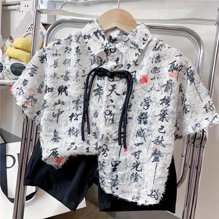 儿童夏款薄款透气衬衫套装男童新中式个性短袖须须衬衫短裤两件套