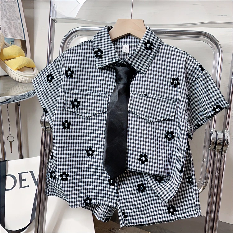 儿童韩版衬衫套装男童夏款帅气格子衬衫短裤两件套领带短袖衬衫潮