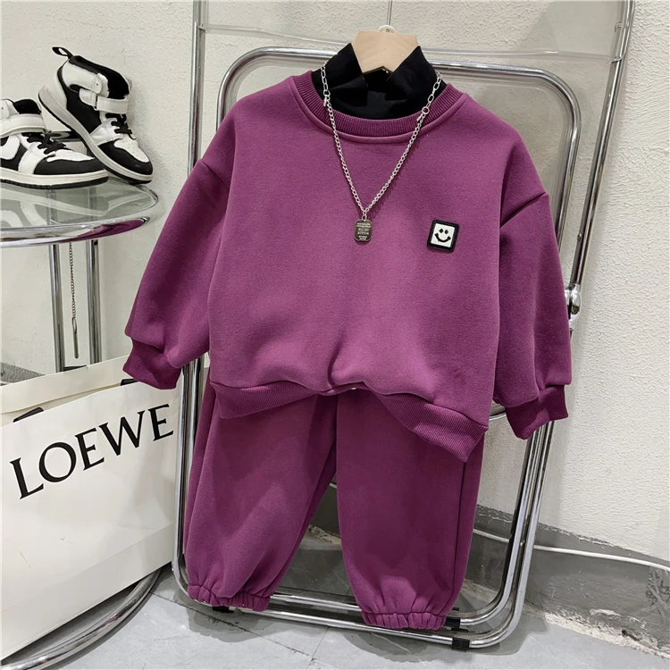 儿童韩版加绒套装男童冬款半高领卫衣卫裤两件套一体绒休闲套装潮