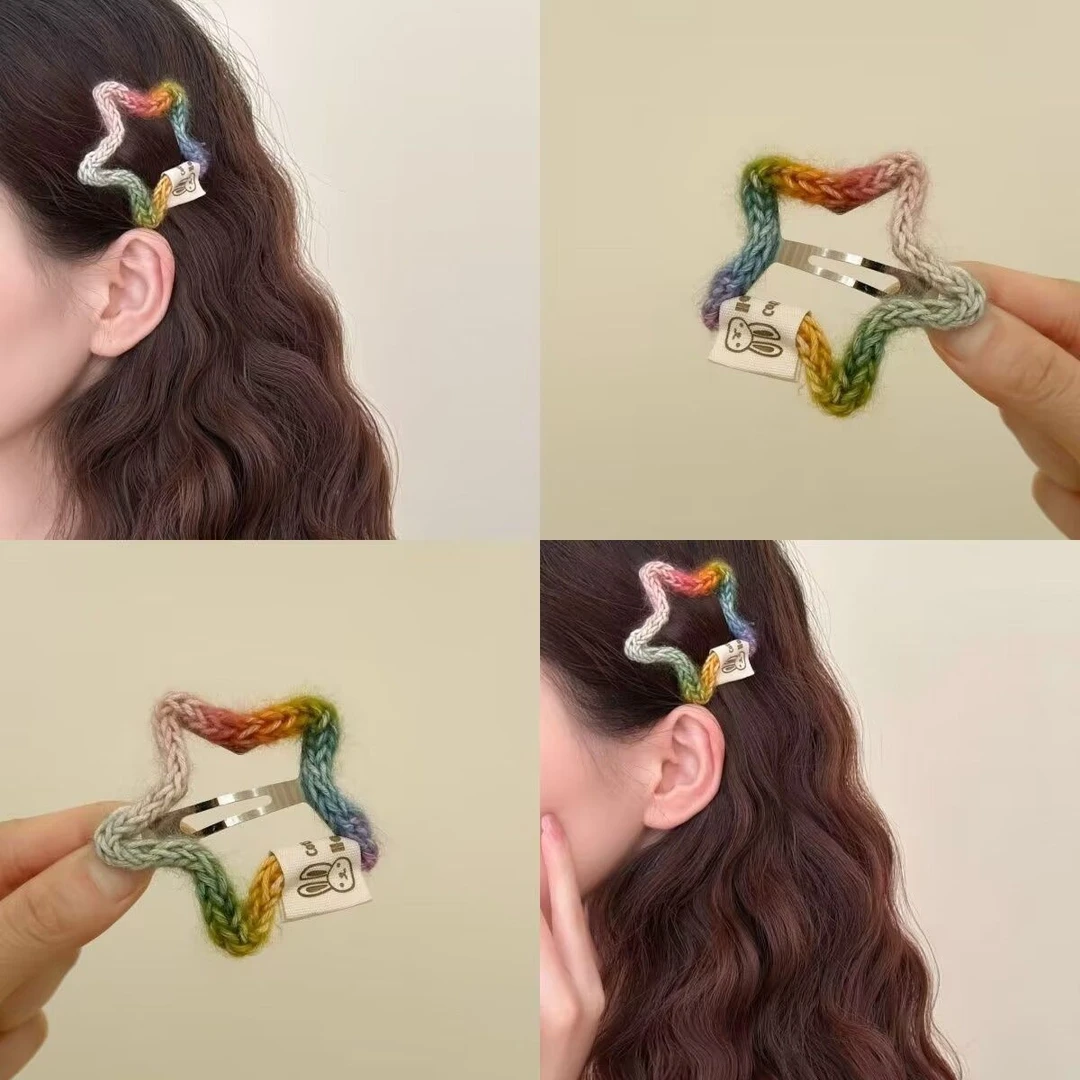 韩系马卡龙色系糖果毛线编织星星发夹甜美可爱刘海侧边夹BB夹清新