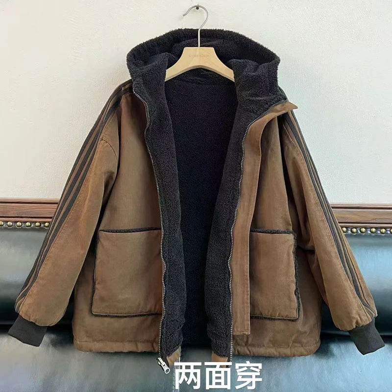 冬季新款纯棉两面穿风雪服颗粒绒连帽底边抽绳拉链棉服冲锋外套