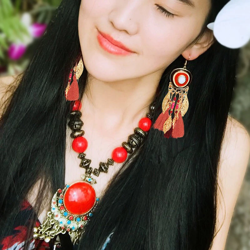 合金木质耳饰 民族风项链女复古饰品中国风木珠铃铛吊坠旅游衣服