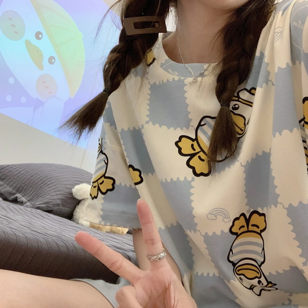 【短袖可达鸭】夏季休闲圆领新款睡衣短裤卡通青年可爱家居服套装