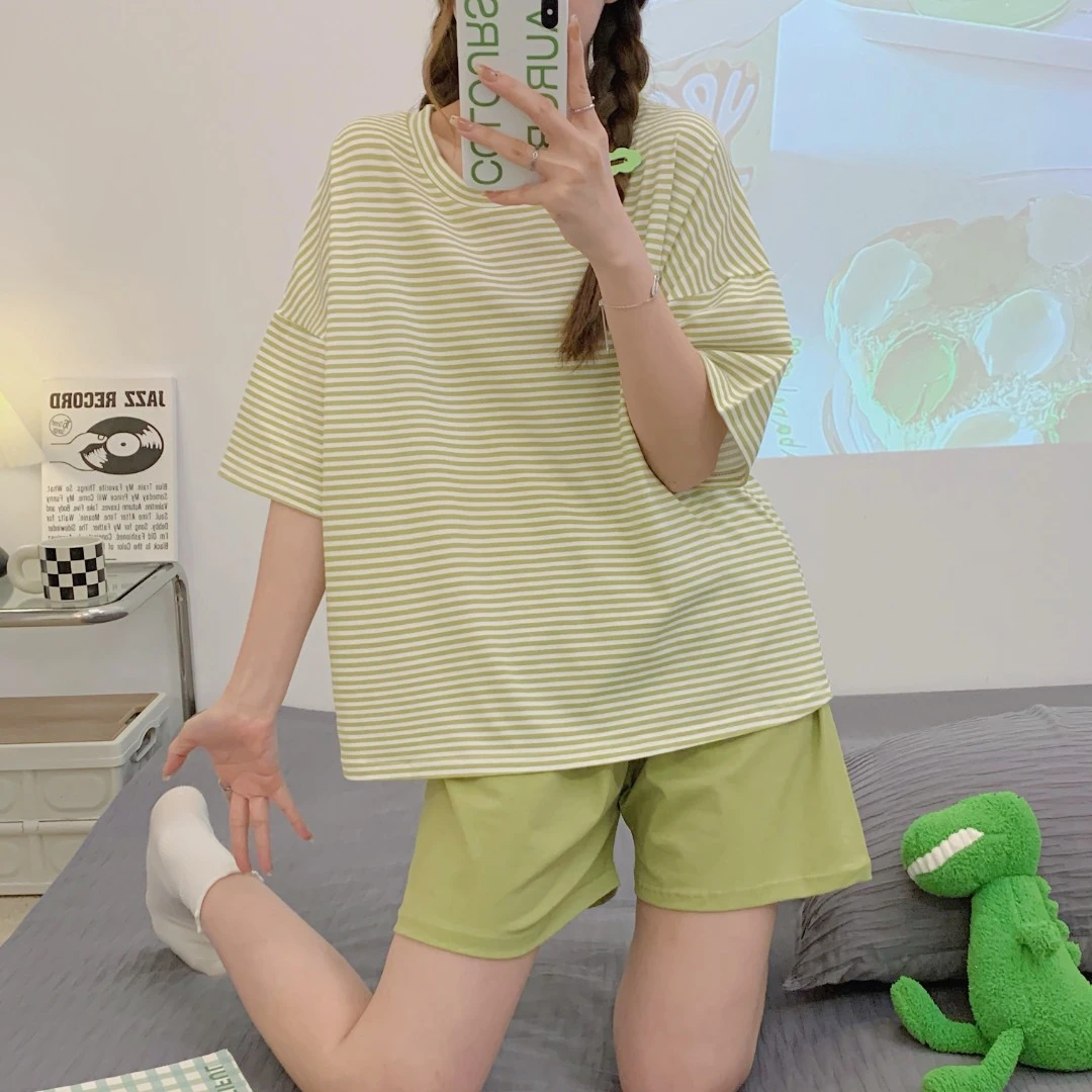 【水绿套装】A071睡衣女夏季新款卡通时尚宽松家居服休闲睡衣套装