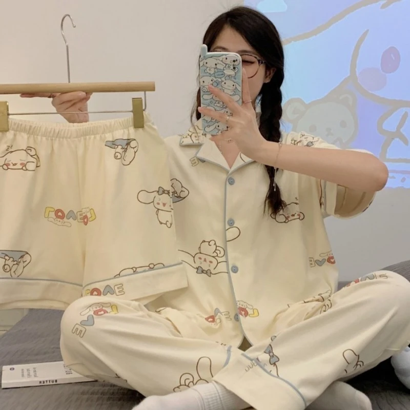【粉丝拍一发三】夏季ins风卡通短袖长裤三件套睡衣女家居服套装