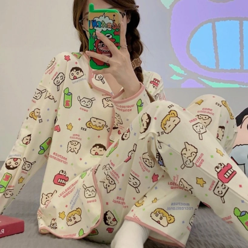 【积木小新】长袖睡衣套装甜美春秋季韩版网红ins风卡通学生家居服