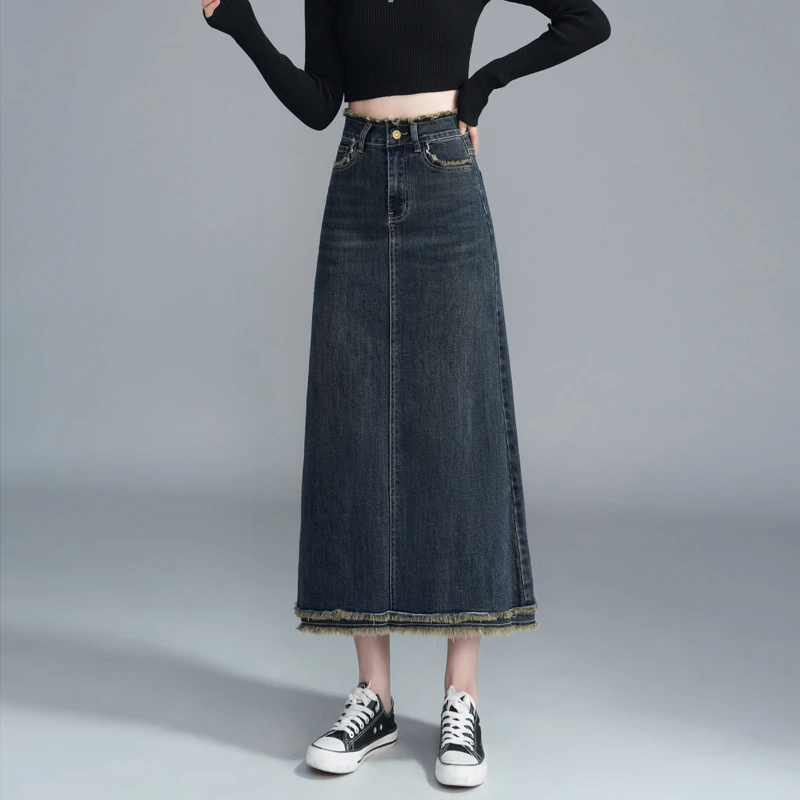 复古毛边牛仔半身裙女2025年秋季新款中长款高腰显瘦a字包臀裙子