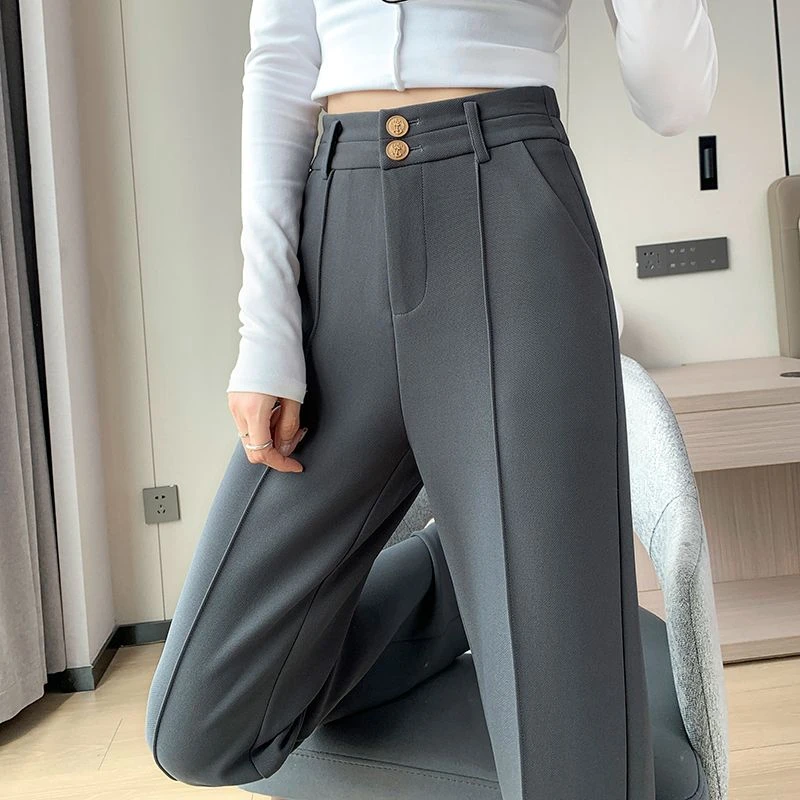 中间带竖线裤子直筒西装裤女秋冬高腰垂感拖地显瘦弹力窄版阔腿裤