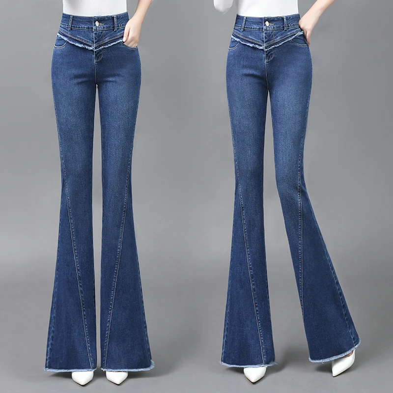 2025秋冬新款蓝色毛边牛仔裤女设计感高腰修身显瘦弹力微喇叭裤子