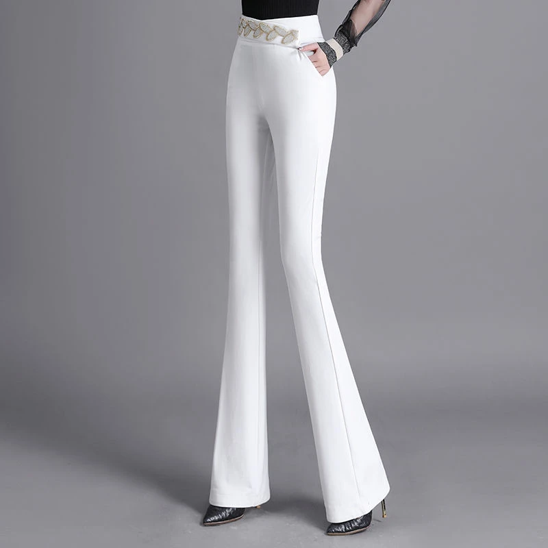 高档白色马蹄裤微喇叭裤女春秋新款高腰显瘦天花板时尚紧身休闲裤