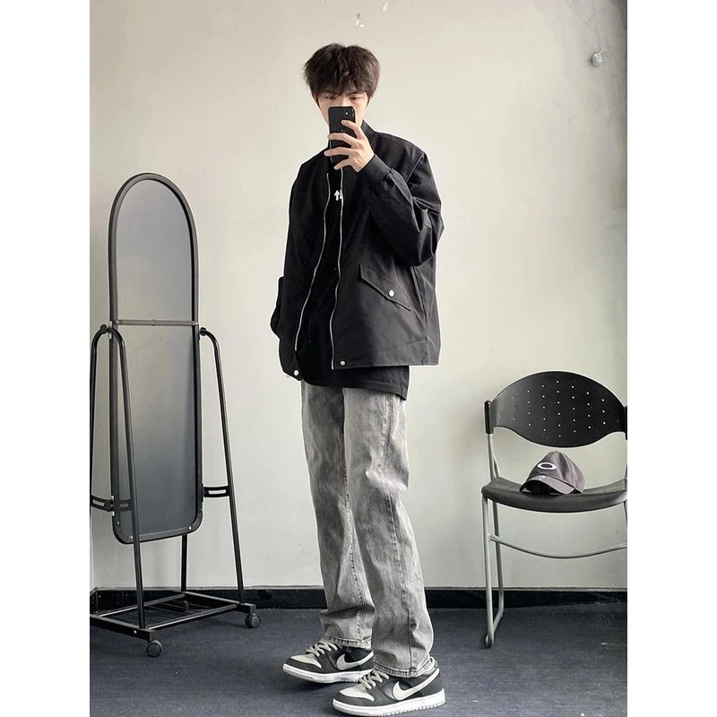 cleanfit美式牛仔裤子男女复古vibe高街烟灰色微喇裤情侣潮牌长裤