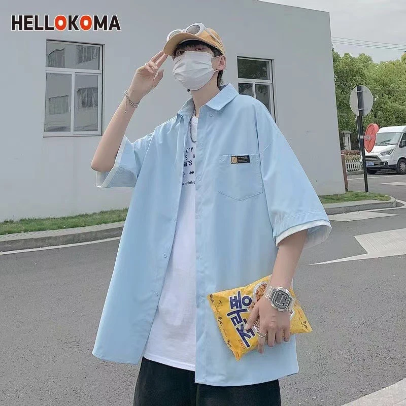假两件短袖衬衫男潮ins夏季薄款宽松外套日系潮牌休闲百搭衬衣服