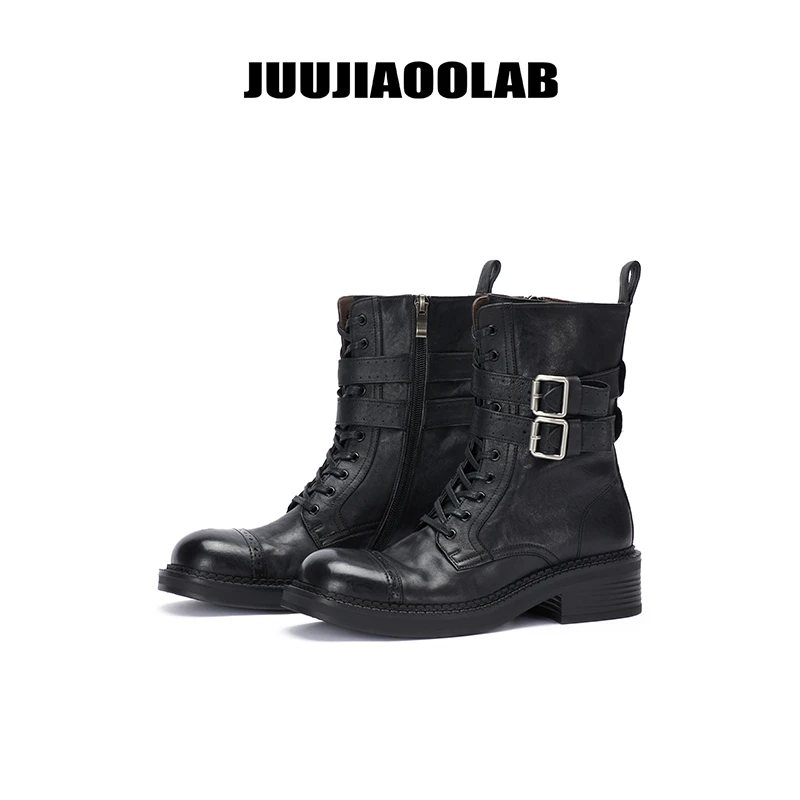 JUUJIAOOLAB24新款美拉德时装高跟短靴春秋季真皮骑士靴miu系女靴