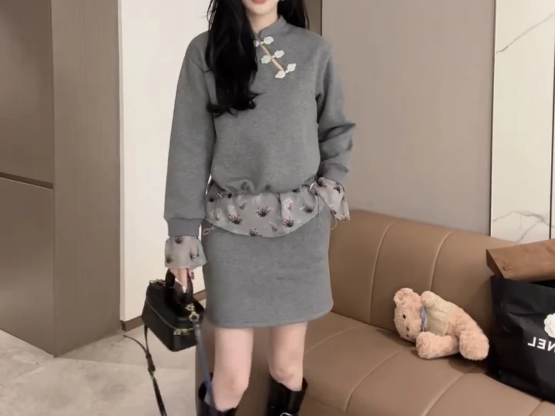 新款时尚国风盘扣短裙套装两件套