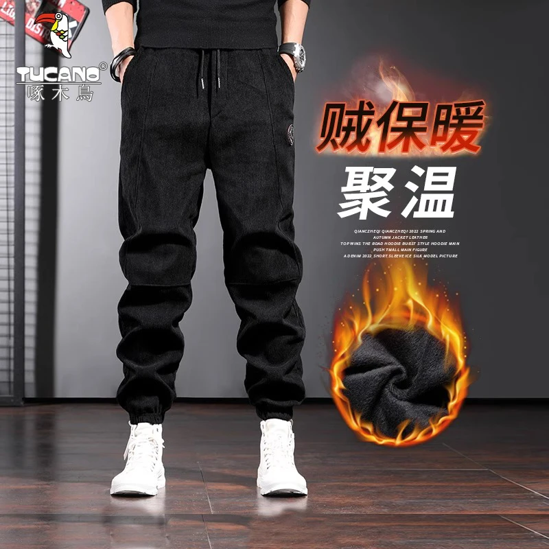 啄木鸟冬季加绒加厚休闲裤男士秋冬款束脚保暖潮牌长裤男秋冬裤子