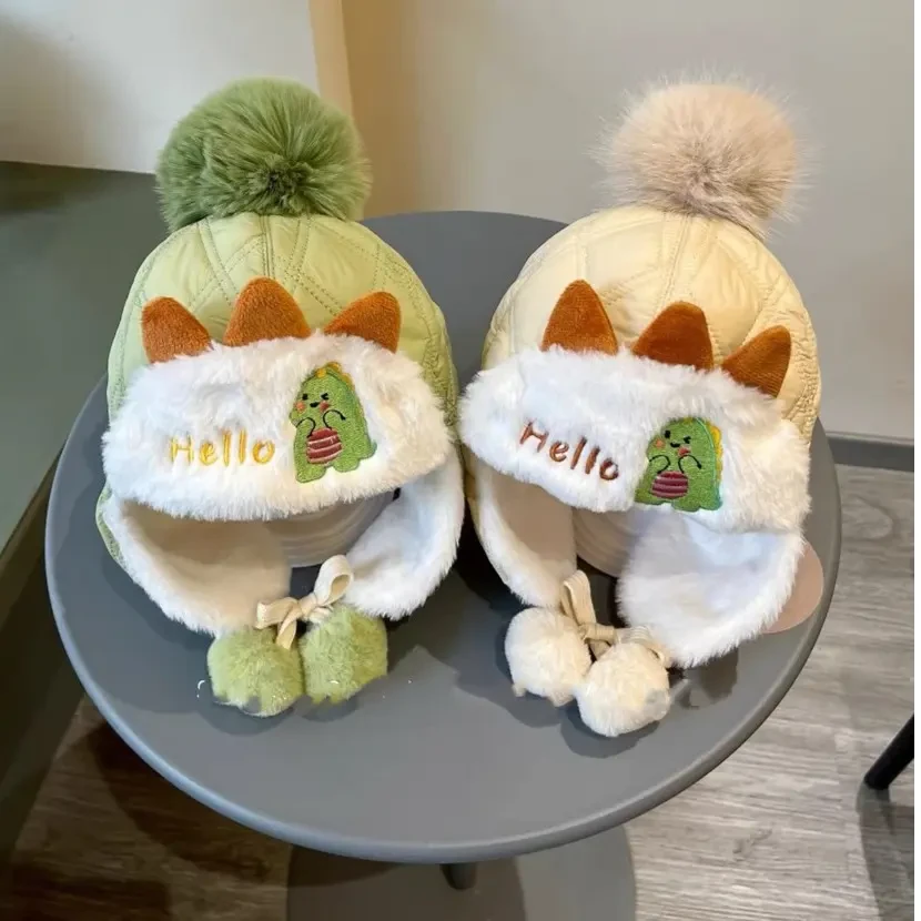 宝宝秋冬款卡通可爱恐龙护耳帽男女童加厚保暖套头帽冬天男孩帽子