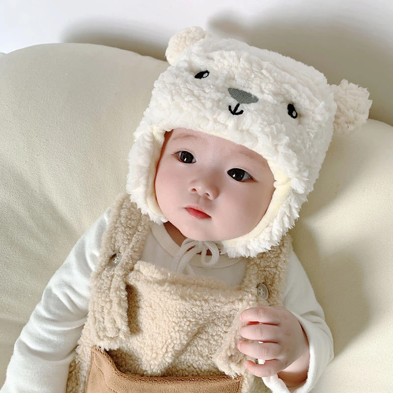 宝宝护耳帽冬季可爱小熊毛绒婴幼儿保暖套头帽超萌韩版男女儿童帽