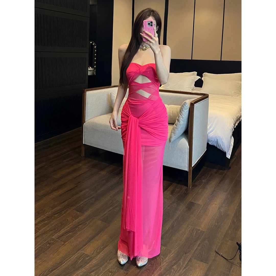 Uli Do  欧美风辣妹连衣裙女时尚性感抹胸一字肩透视绑带修身长裙