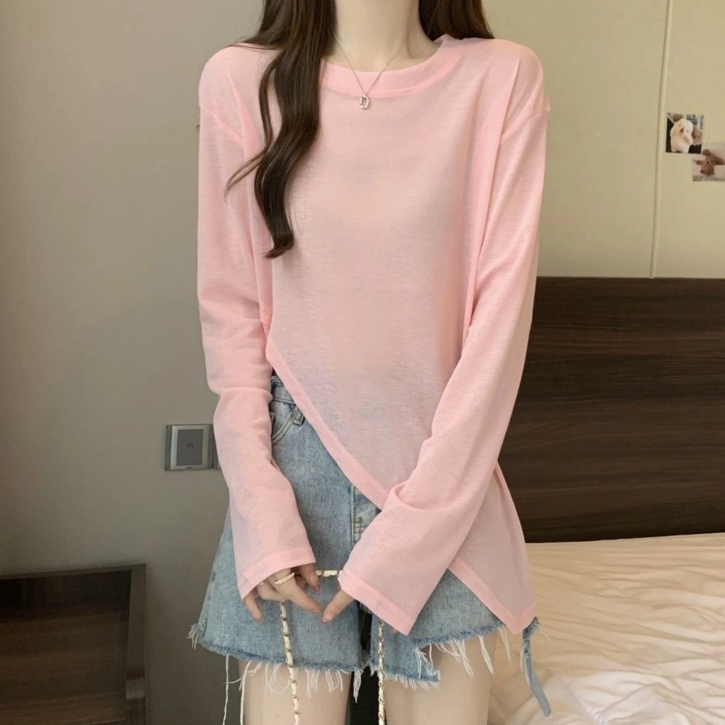 夏季冰丝凉感薄款开叉防晒衫女纯色长袖T恤宽松上衣