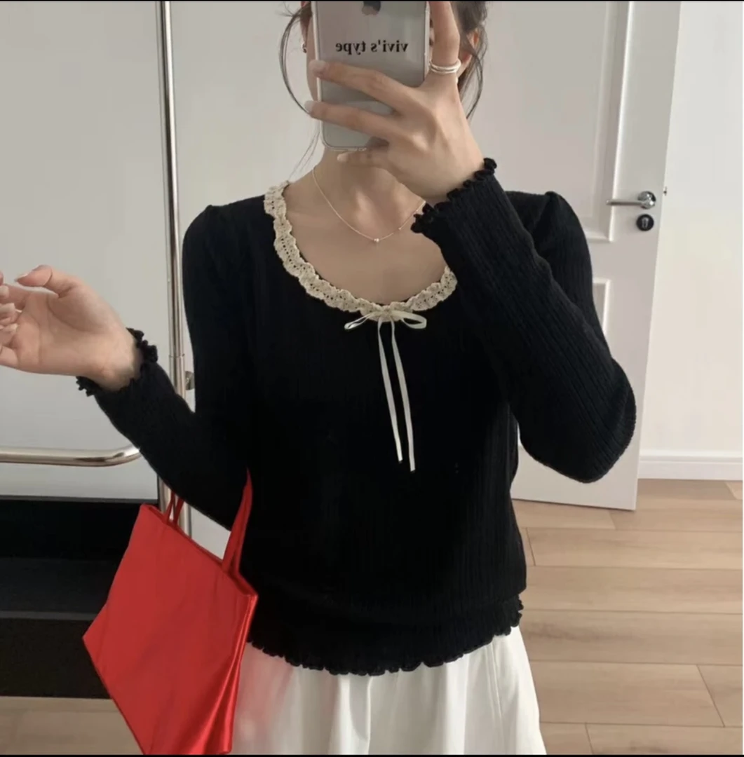 9107#大码穿搭蝴蝶结上衣胖mm巨显瘦遮肉打底衫韩版百搭针织衫