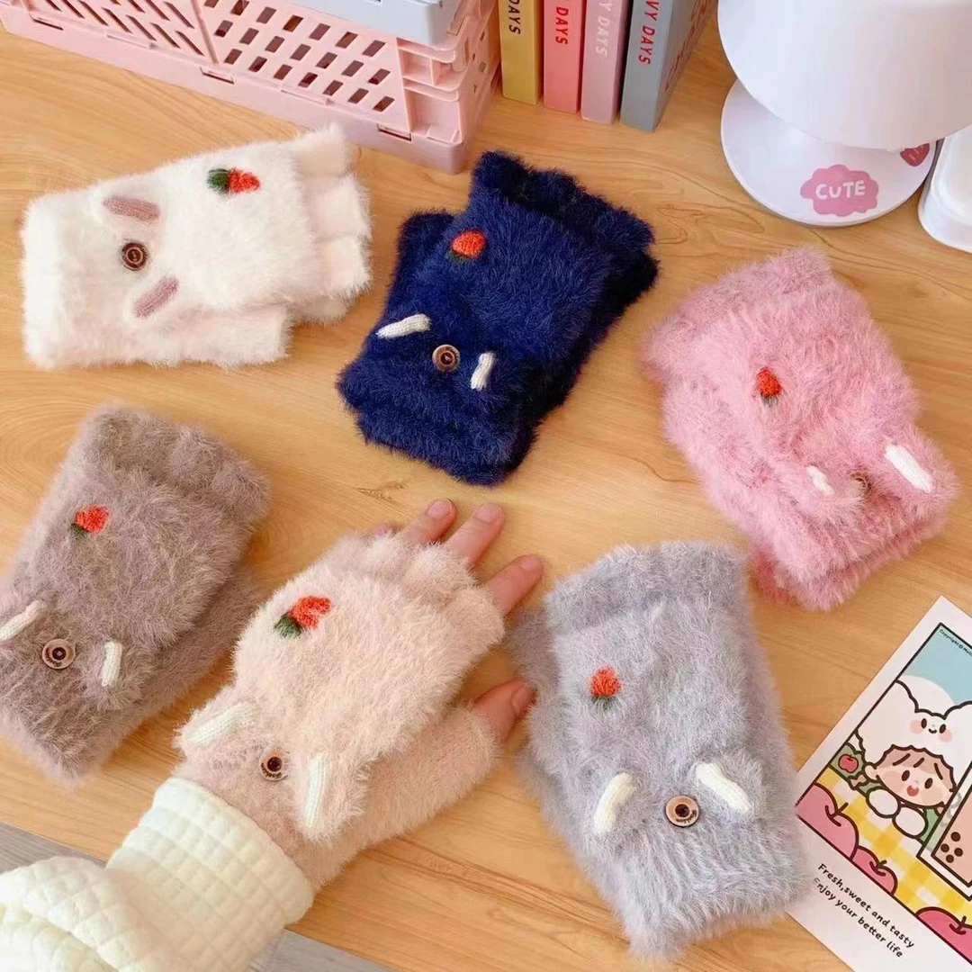 冬季保暖翻盖男女通用学生写字户外休闲可爱半指加厚毛绒翻盖手套