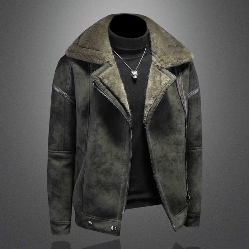 冬季轻奢加绒加厚皮夹克男短款老钱风皮毛一体外套工装机车服潮牌