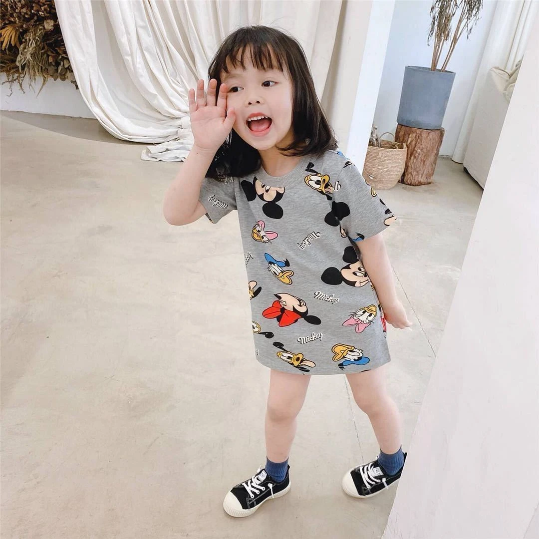 女童短袖连衣裙2023新款夏季宝宝卡通米奇t恤裙中小童洋气卫衣裙