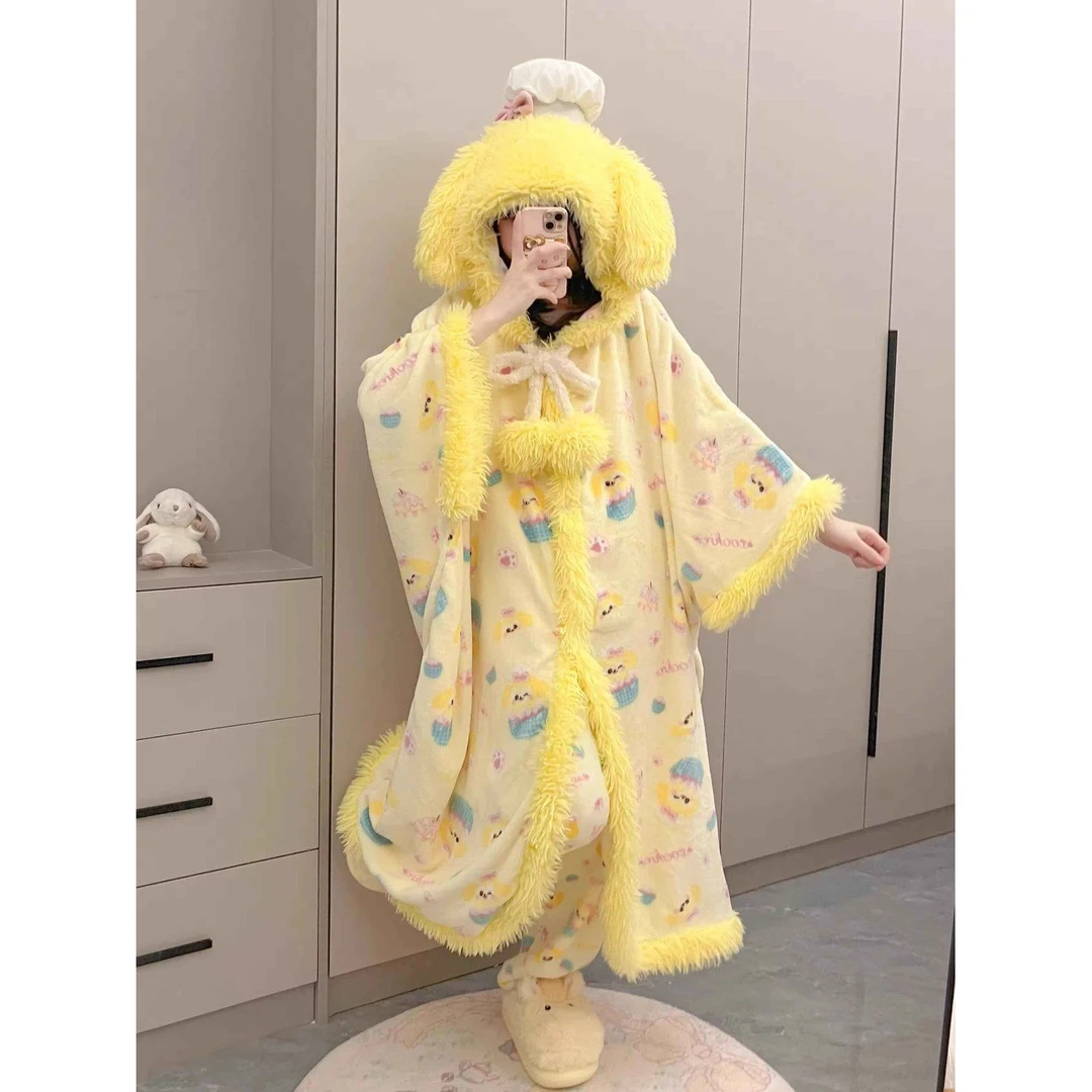 【梦比】2024可爱厨师狗饼饼冬季珊瑚绒连帽睡袍加绒加厚家居服套装
