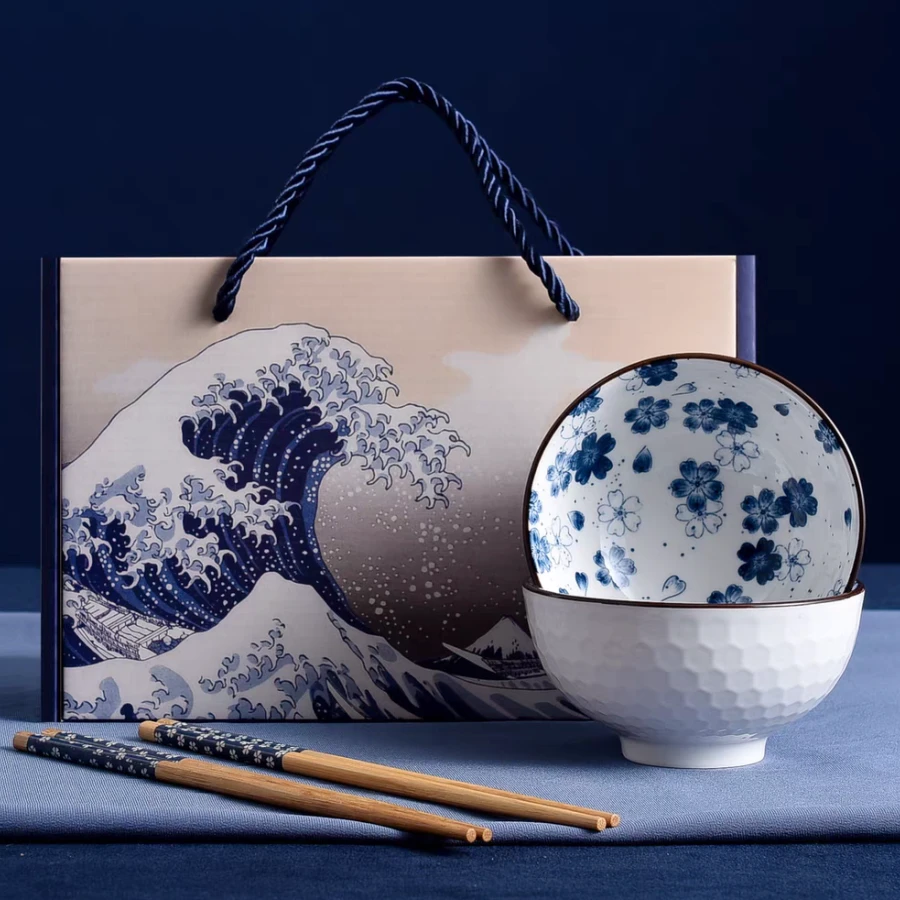 日式套碗礼盒套装2碗2筷青花招财猫绿腊梅花餐具茶具礼品